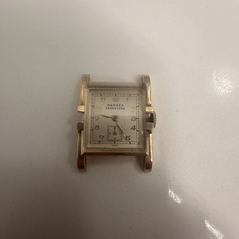 Vintage 14k Gold Banner 17 Jewel Swiss Wristwatch For Repair